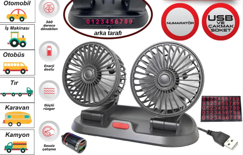 VANTiLATÖR 12V USB SOKETLi TORPiDO ÜSTÜ 2 Li +NUMARATÖRLÜ 1